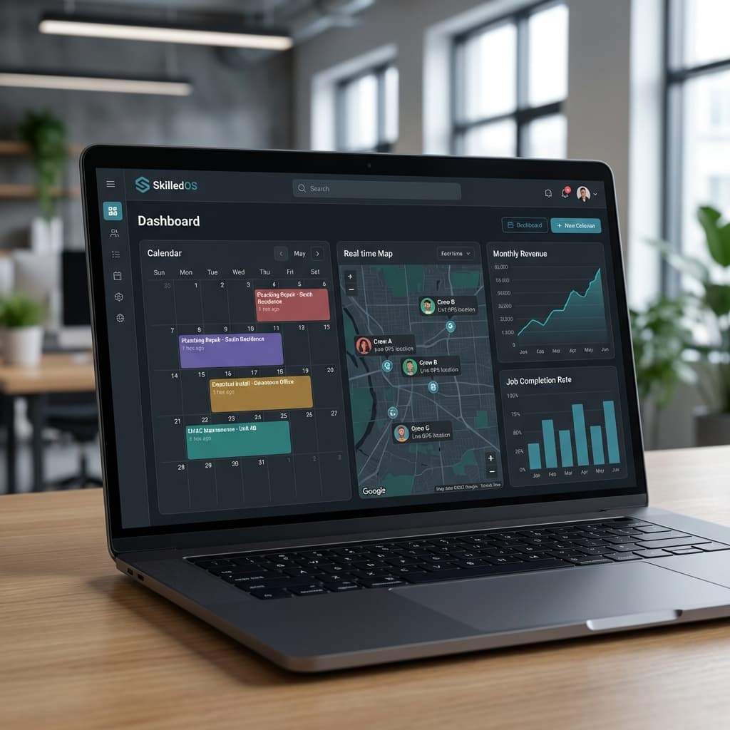 SkilledOS Dashboard showing real-time profit tracking and AI-powered scheduling