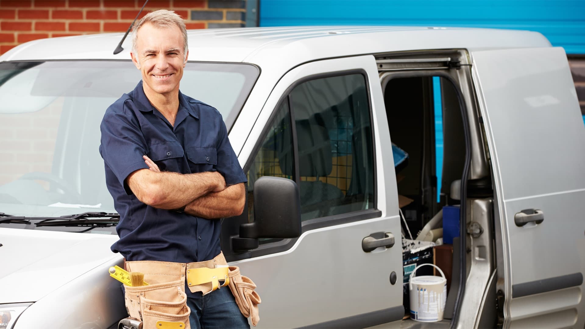 Trade service work van on the road