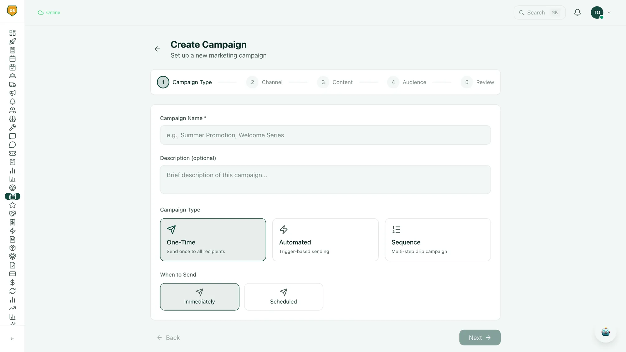 Campaign builder showing the create-campaign flow with type, channel, content, audience, and review steps