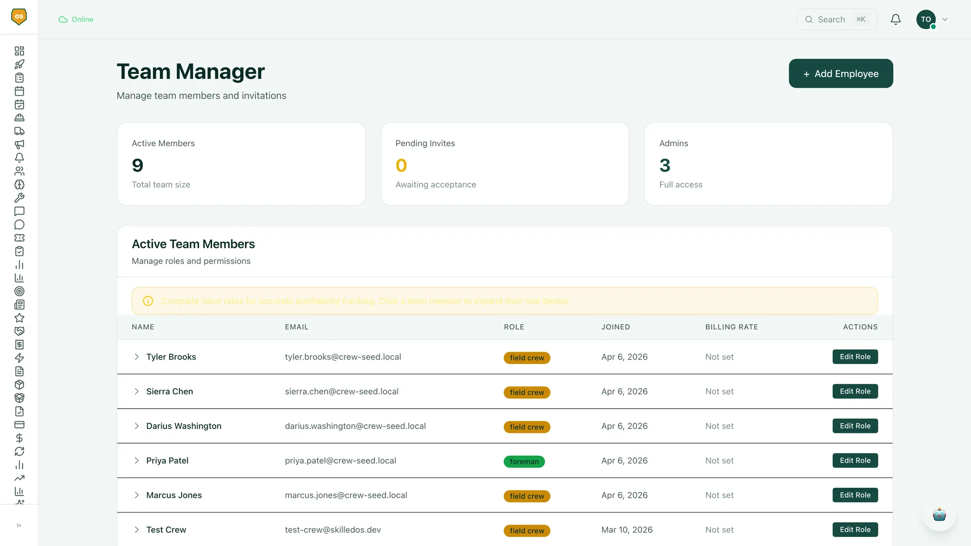 Team management dashboard showing 9 active crew members with roles, join dates, and per-member billing rates